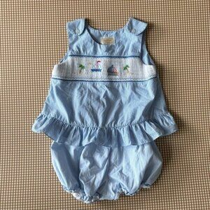 Rosalina Collections smocked beach scene blouse + bloomers. Gingham. Size 2/3